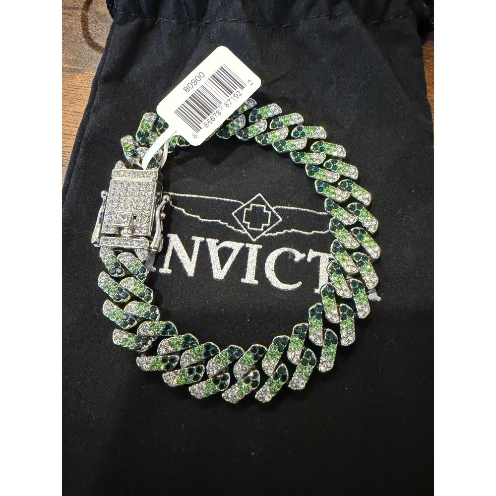 Invicta Mens Cuban Link Bracelet Green Clear Crystals Silver Tone 8.5 Inch 15mm
